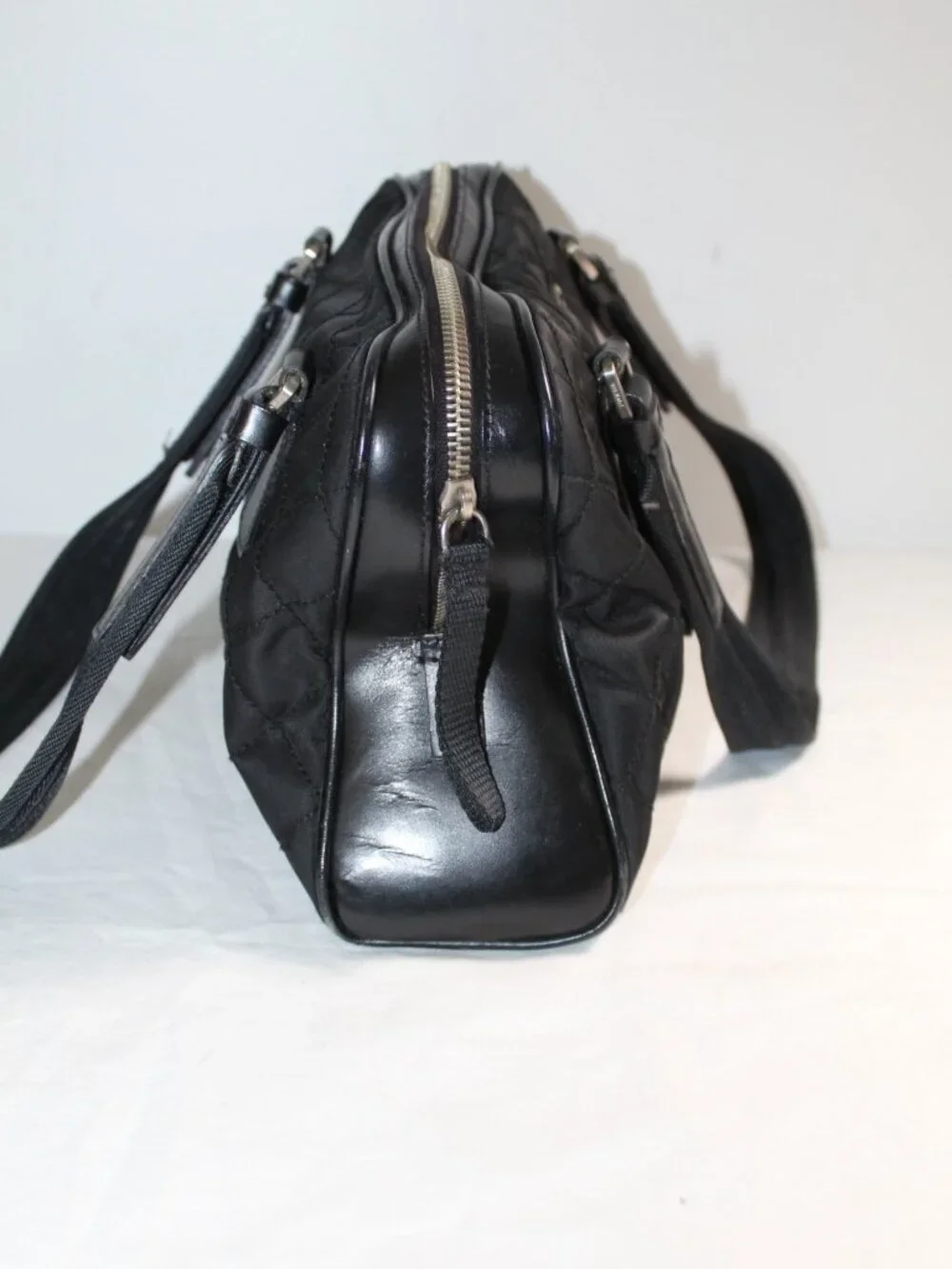 Prada Triangle Logo Tessuto Nylon Quilted Top Handle Shoulder Bag Black Vintage